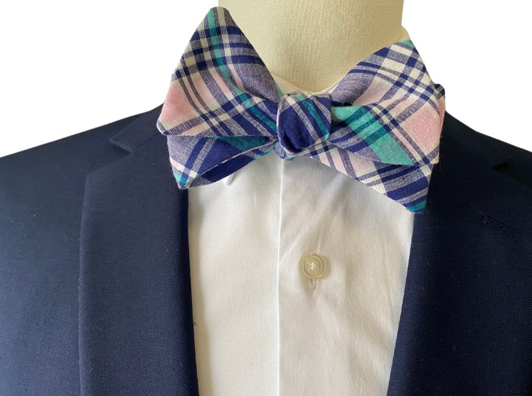 Southern Charm Madras Bow Tie - Pink/Navy/Teal Plaid