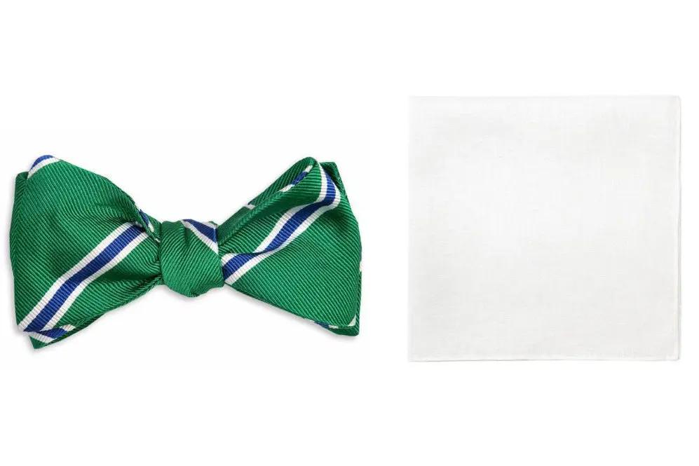 Noble Green Stripe Bow Tie + White Linen Pocket Square High Cotton