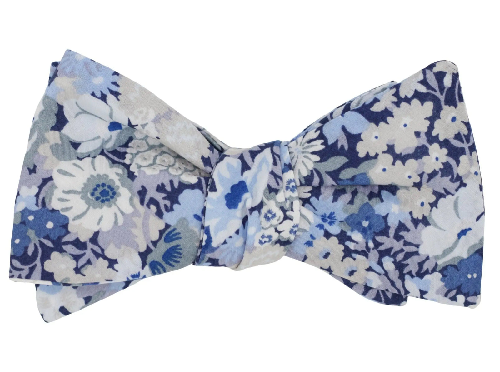 Mens cotton self tie bow tie featuring a blue floral pattern.