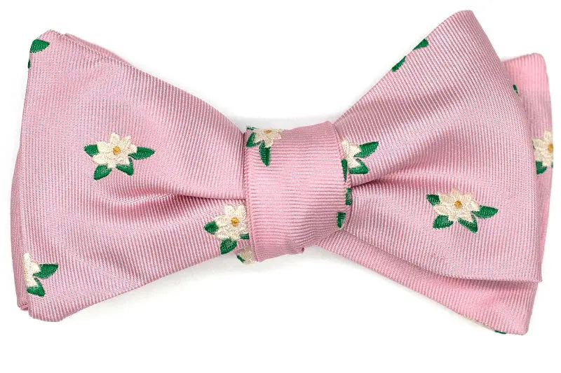 Men's pink bow tie. Made from silk with magnolia flowers.