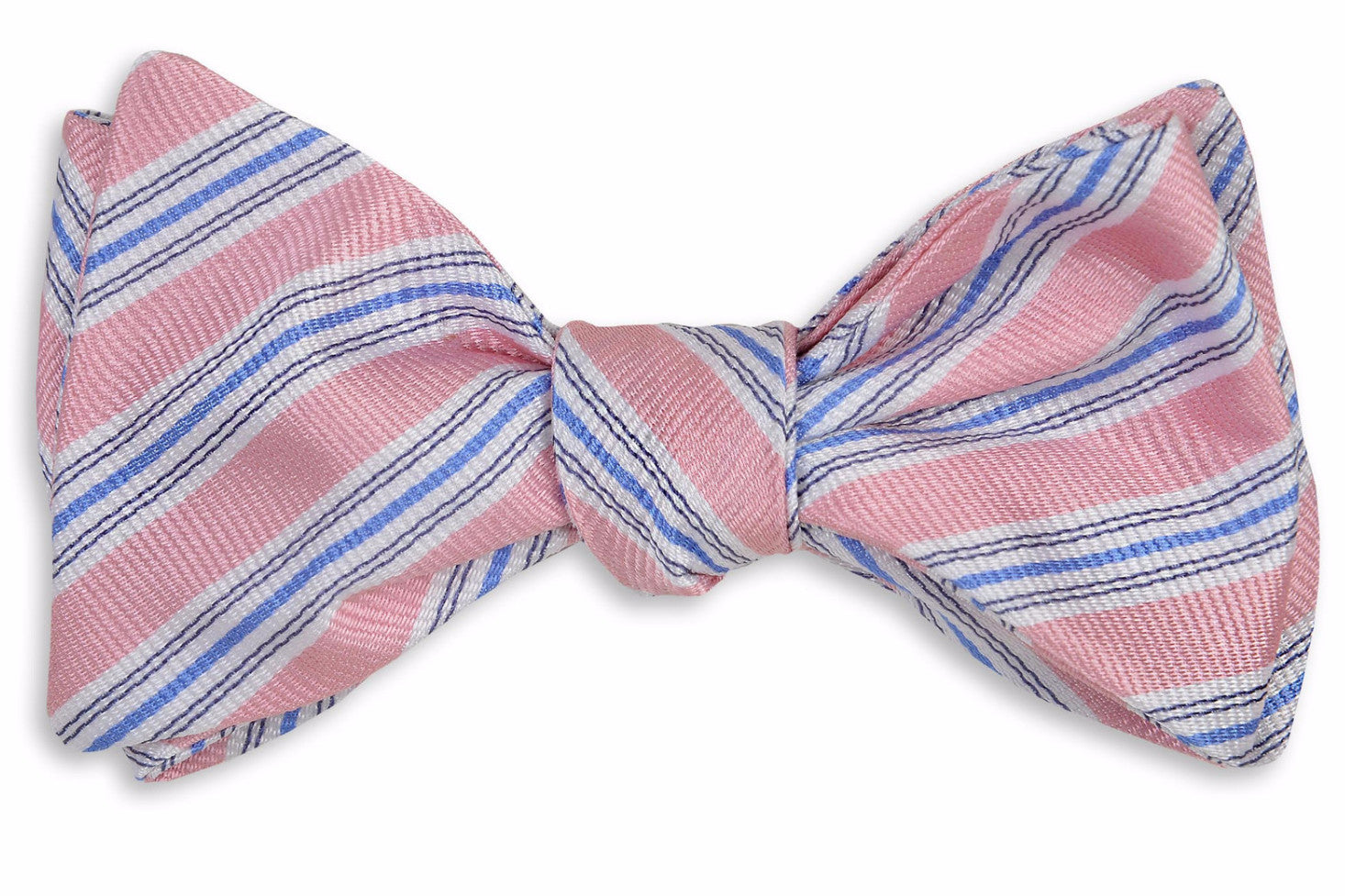 Men's pink bow tie. 100% silk with a blue and white striped design.
