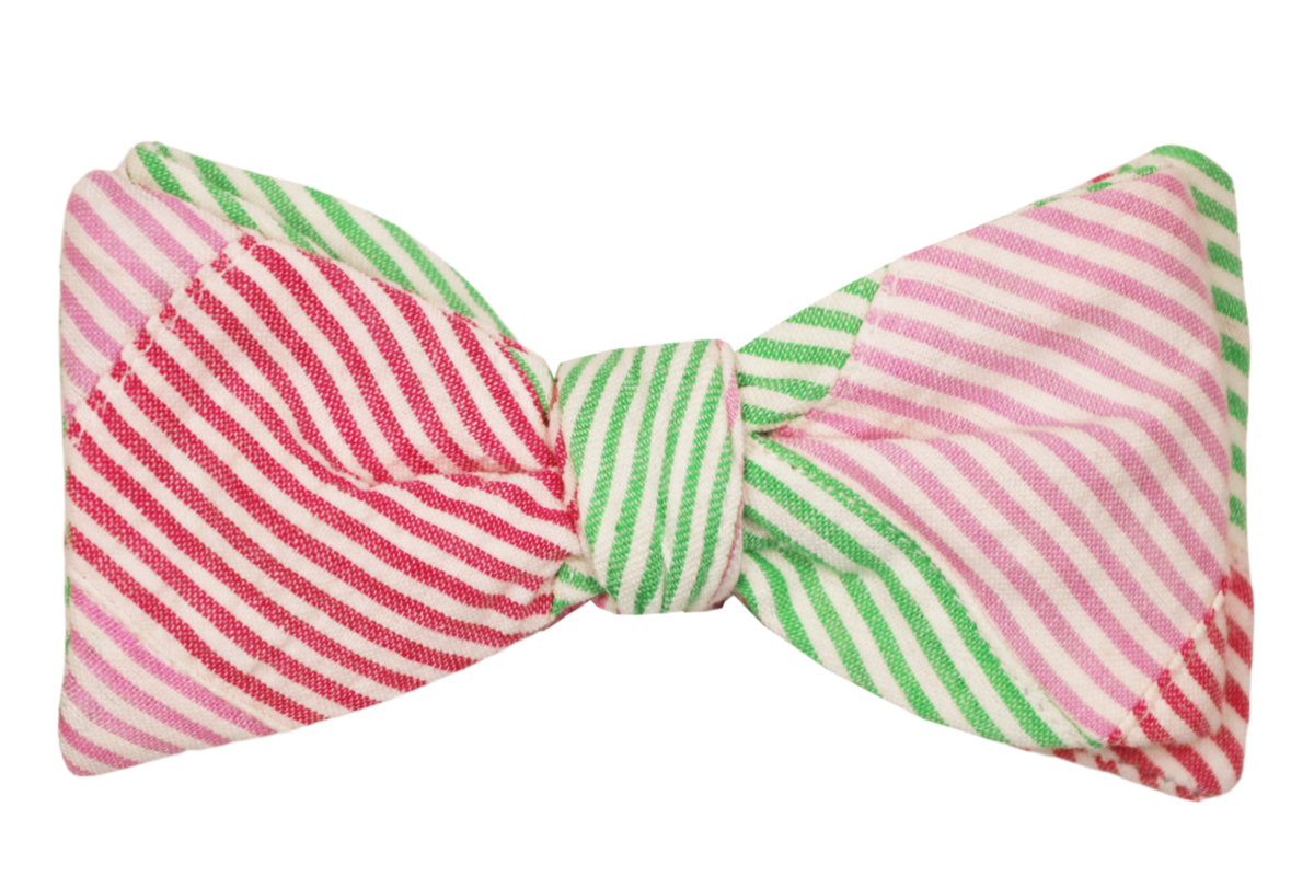 Seersucker Patchwork Cotton Bow Tie - Pink/Green/Red