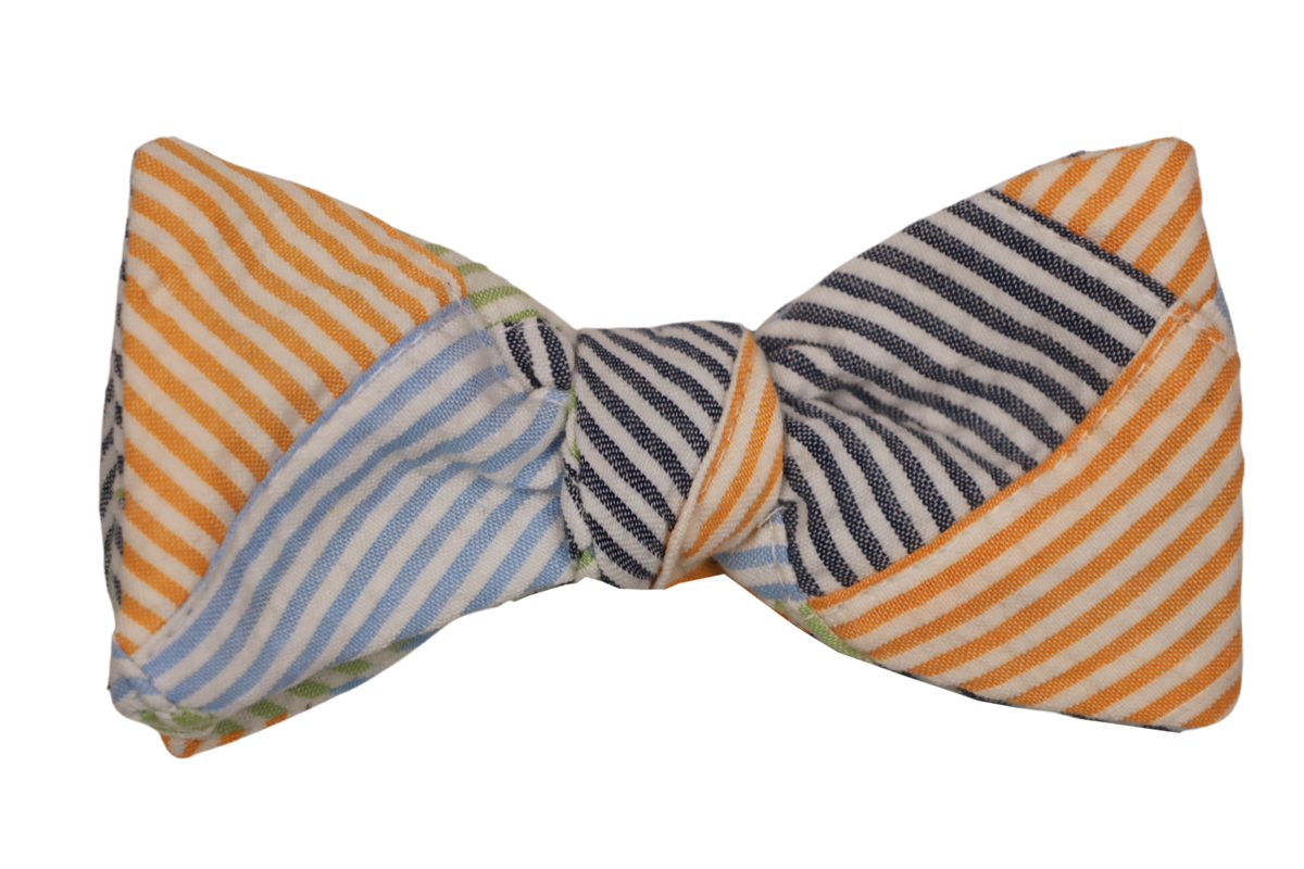 Seersucker Patchwork Cotton Bow Tie - Orange/Blue/Green