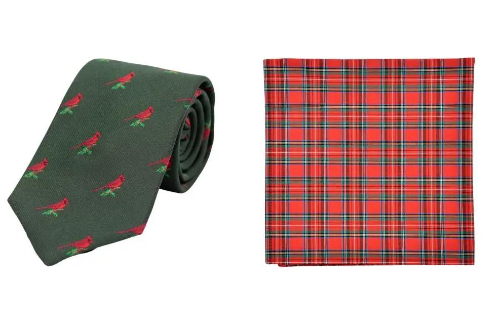 Cardinal Green Tie + Tartan Pocket Square High Cotton