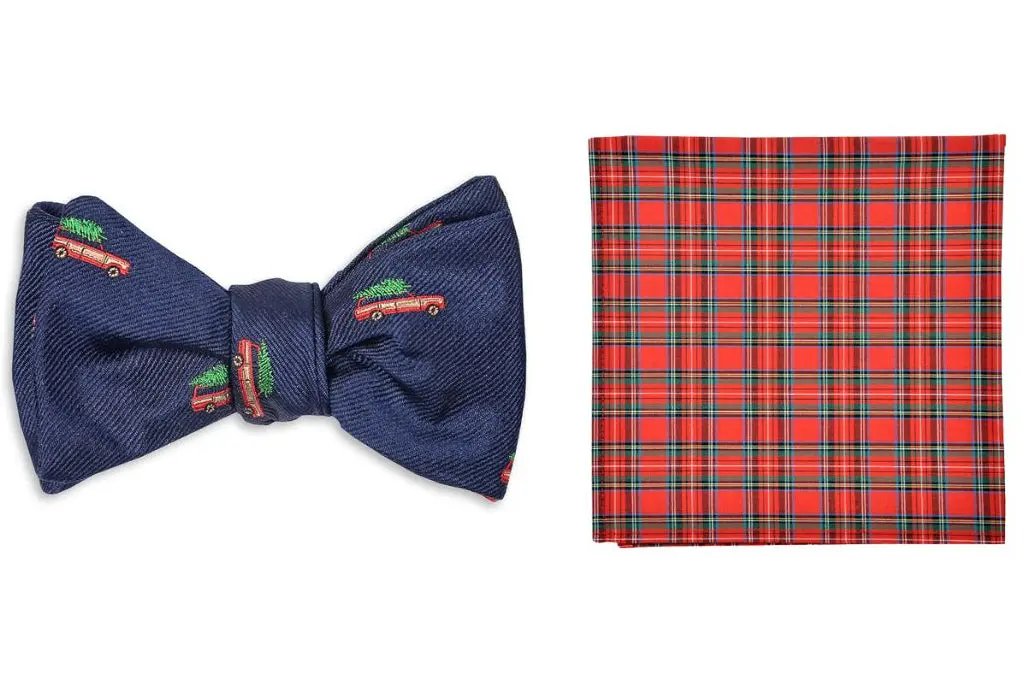 Christmas Woody Bow Tie + Tartan Pocket Square High Cotton