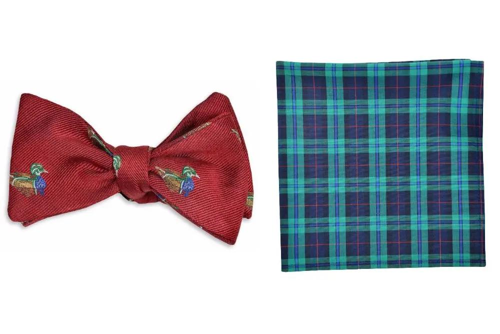 Wood Duck Silk Bow Tie + MacLeod Tartan Pocket Square High Cotton