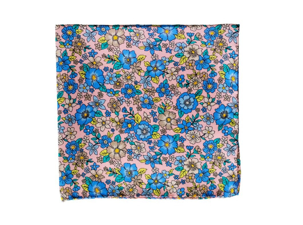 Flower Fields Silk Pocket Square - Pink/Blue