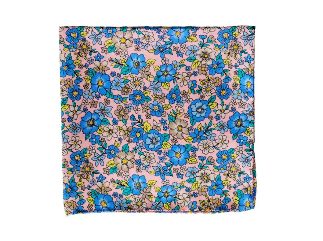 Flower Fields Silk Pocket Square - Pink/Blue High Cotton