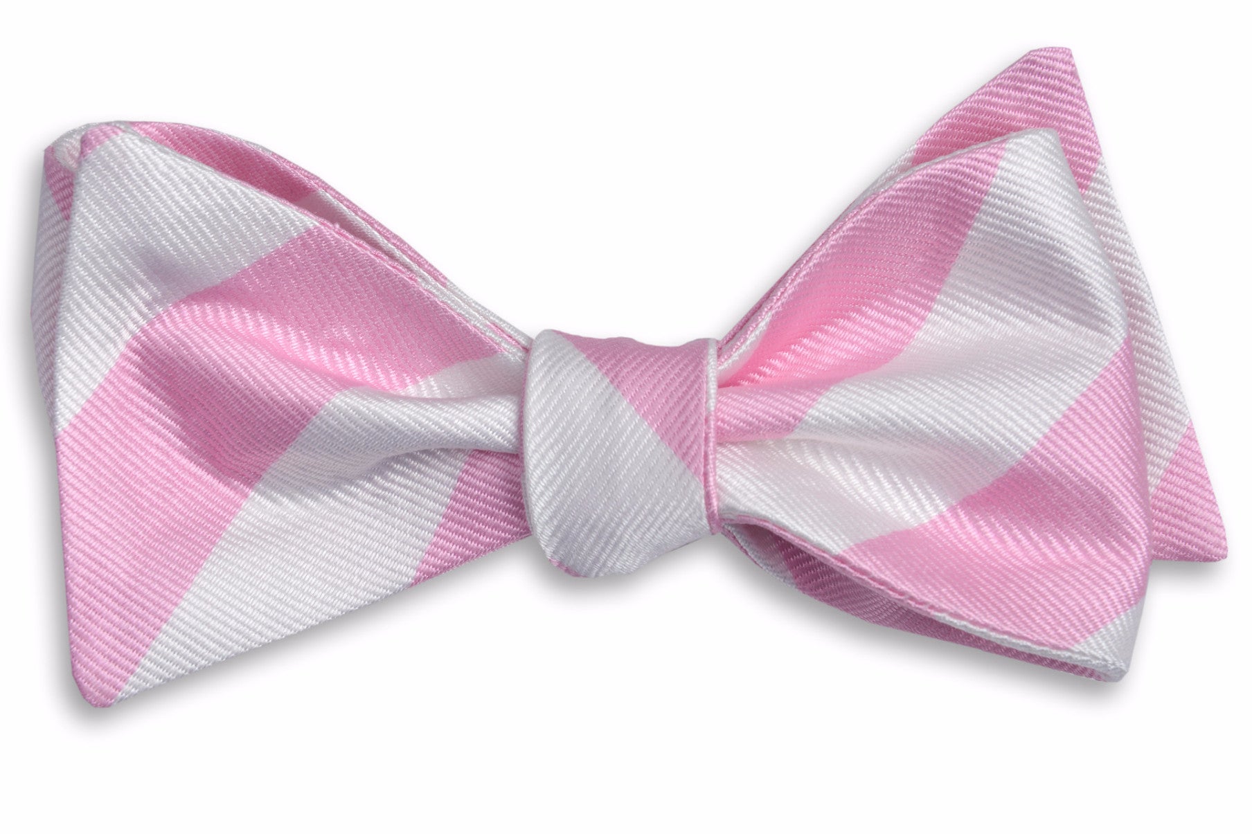 Men's pale pink bow tie. Made from 100% silk featuring white stripes.