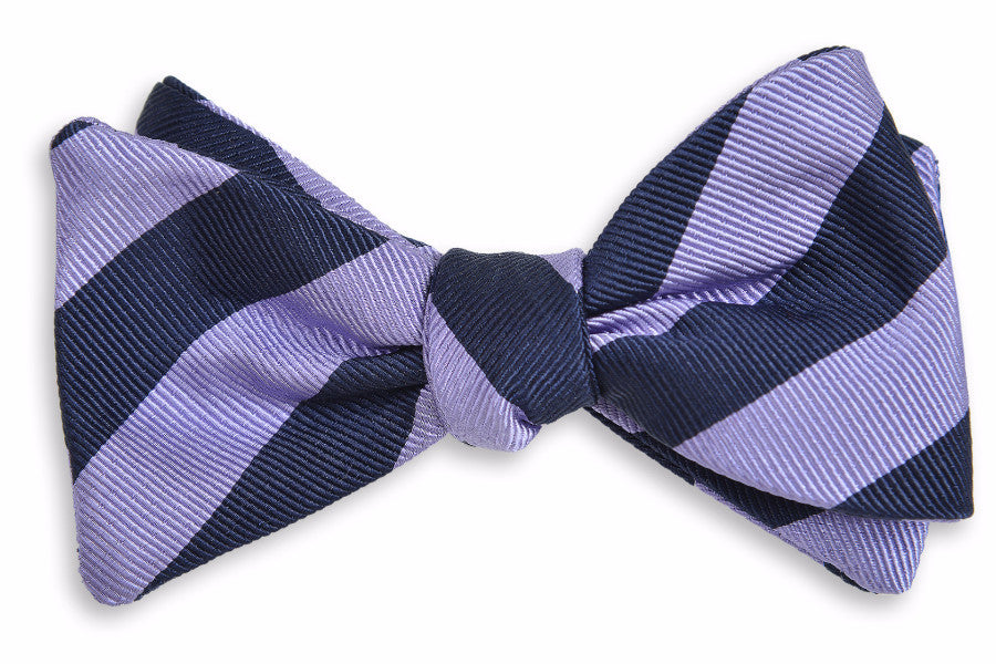 mens self tie bow tie featuring lavender and navy colors in a striped pattern