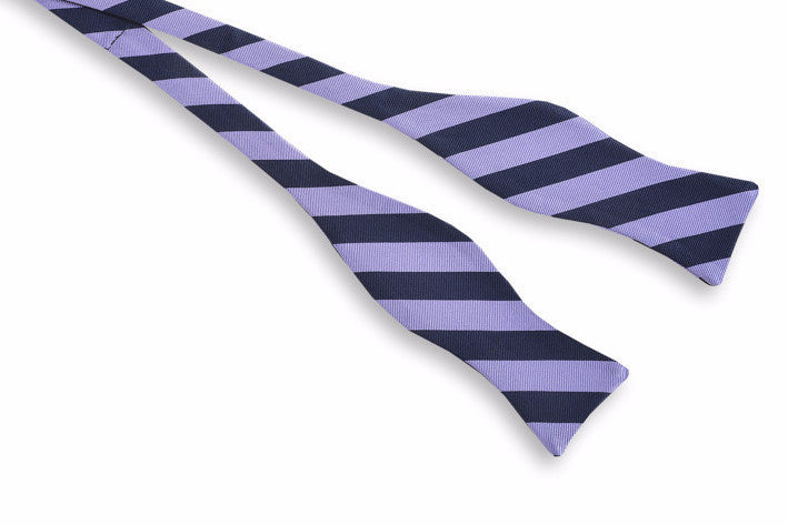 mens self tie bow tie featuring lavender and navy colors in a striped pattern