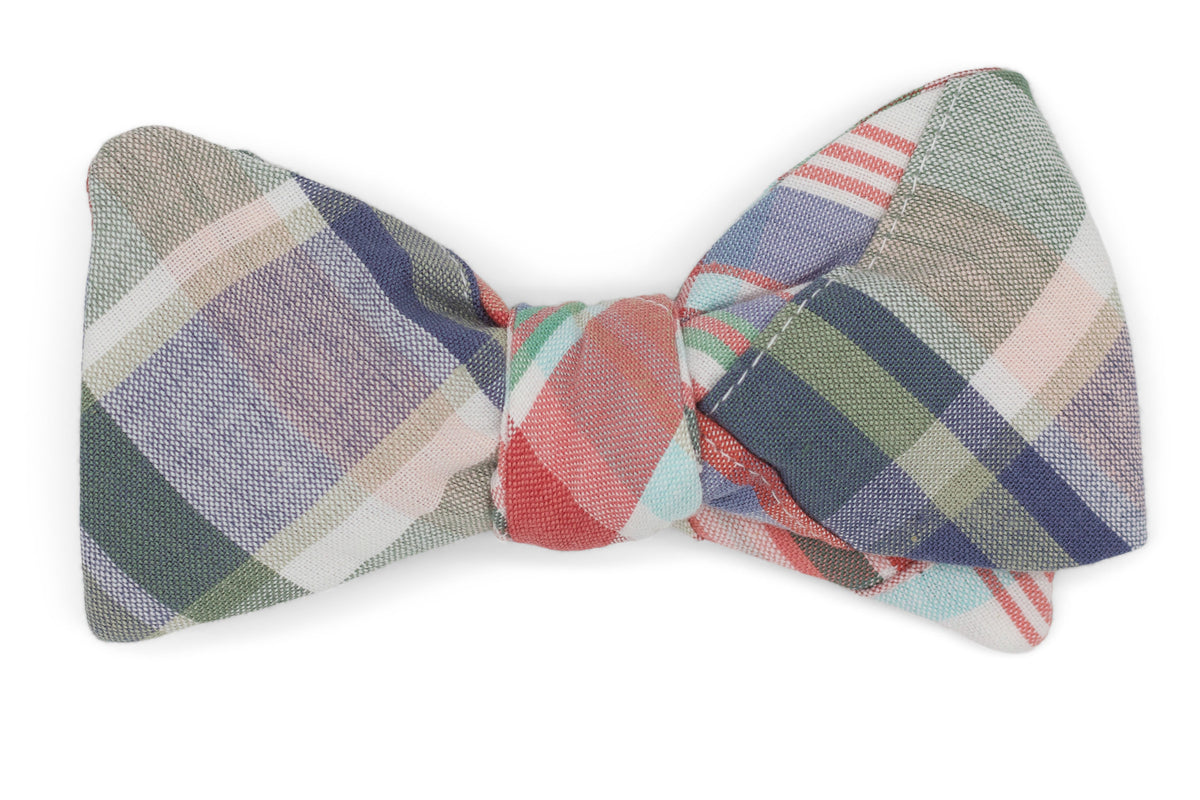 otton mens bow tie featuring a plaid patter with blue and green colors.