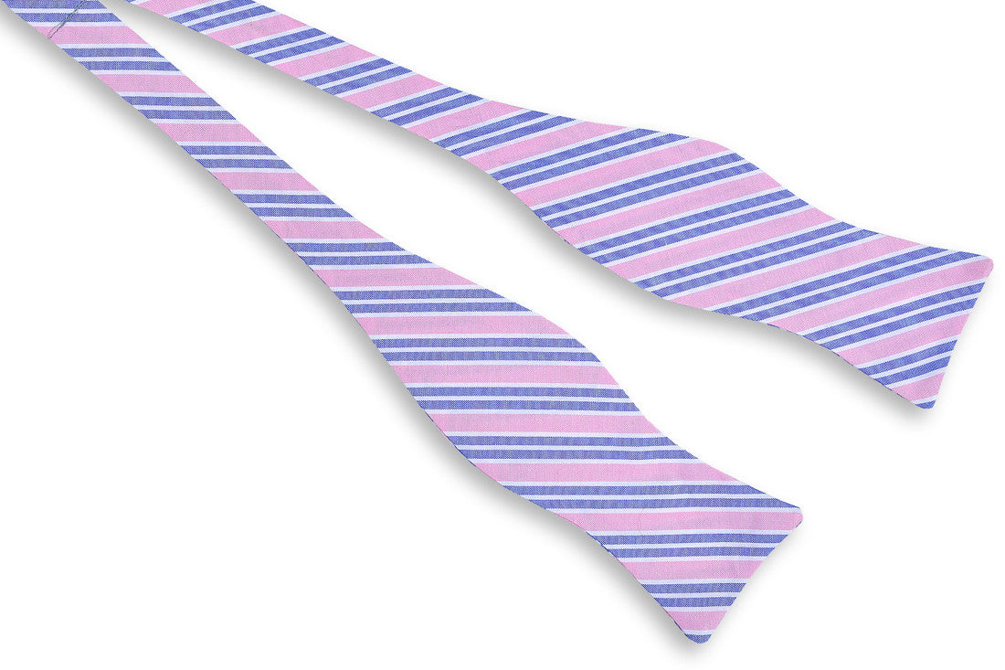 100% high quality cotton mens bow tie featuring a pink and blue striped design.