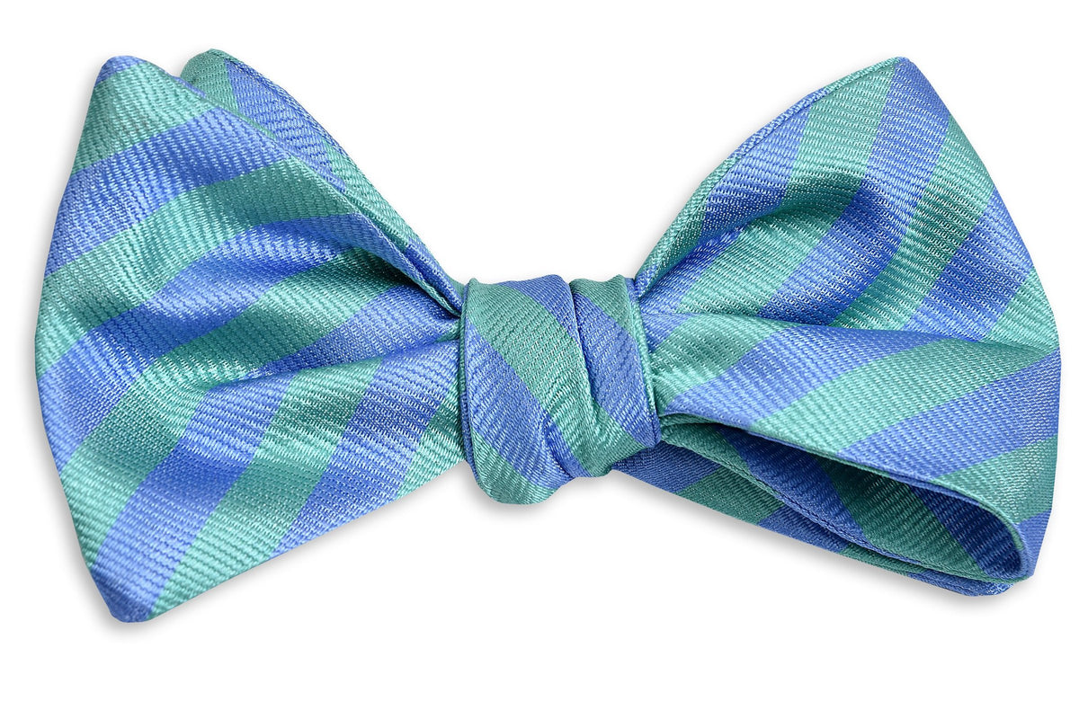 silk mens self tie bow tie with light blue and teal stripes.