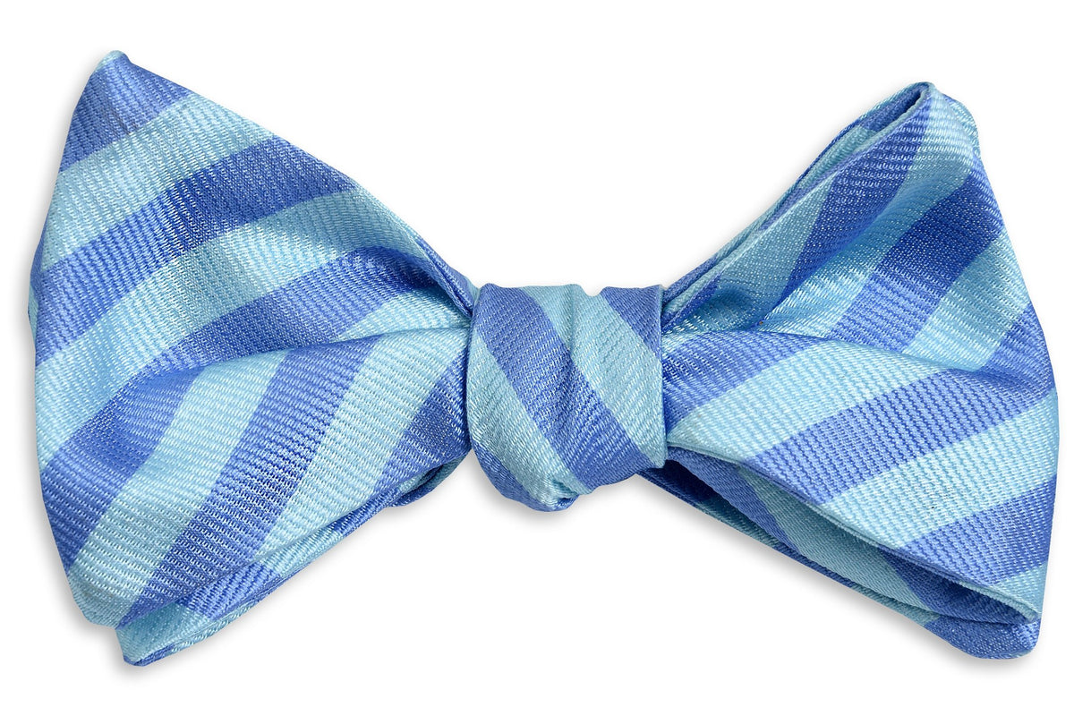 silk mens self tie bow tie with blue stripes.
