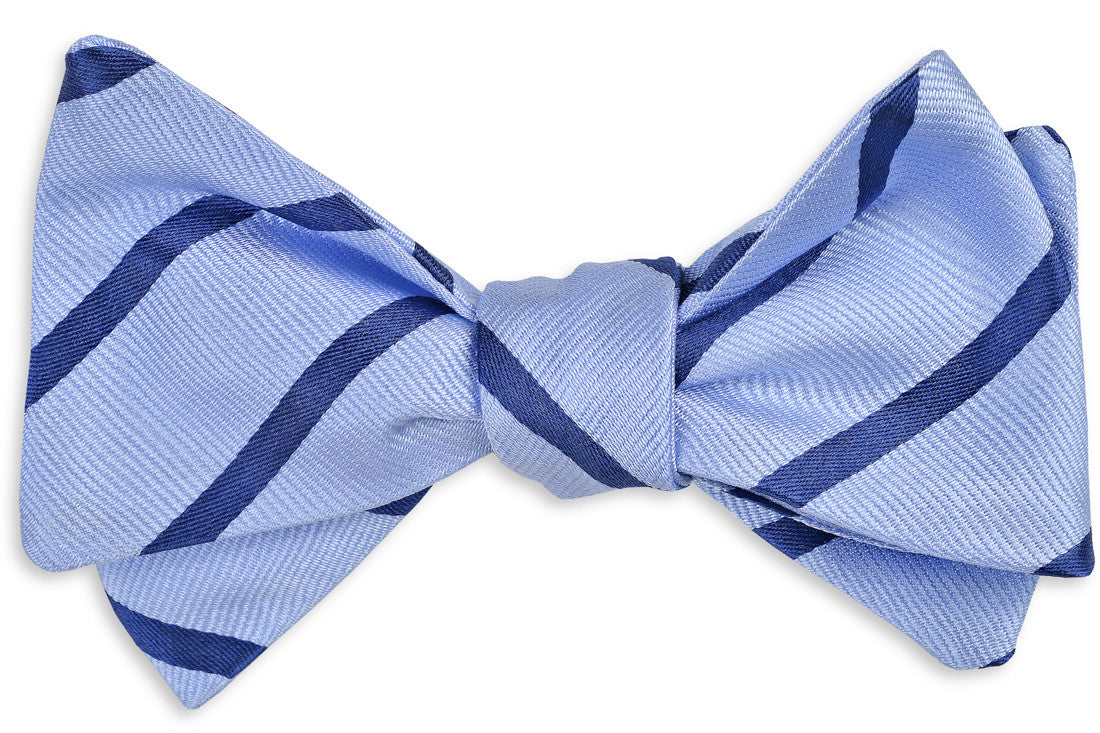 Baby blue mens bow tie with a blue stripe pattern.  100% silk.