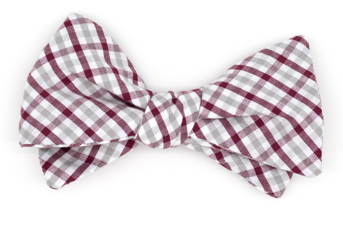 Gray and Maroon Tattersall Bow Tie High Cotton