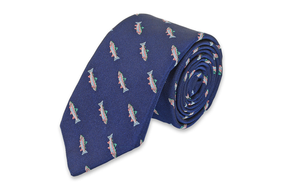 Rainbow Trout Necktie - Navy High Cotton