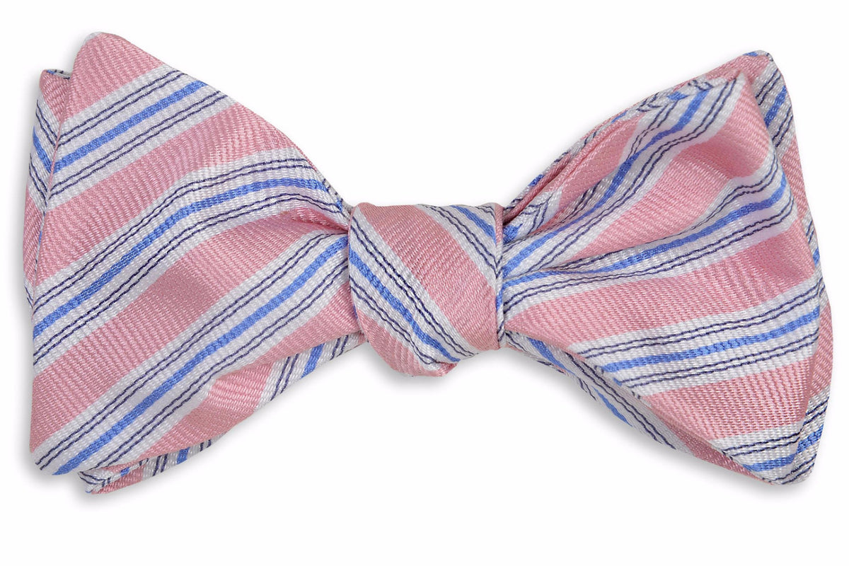 Men&#39;s pink bow tie. 100% silk with a blue and white striped design.