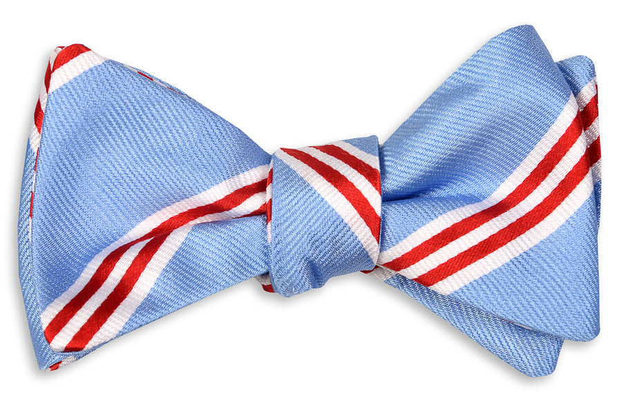 light blue mens bow tie made of silk, featuring red and white stripes.  