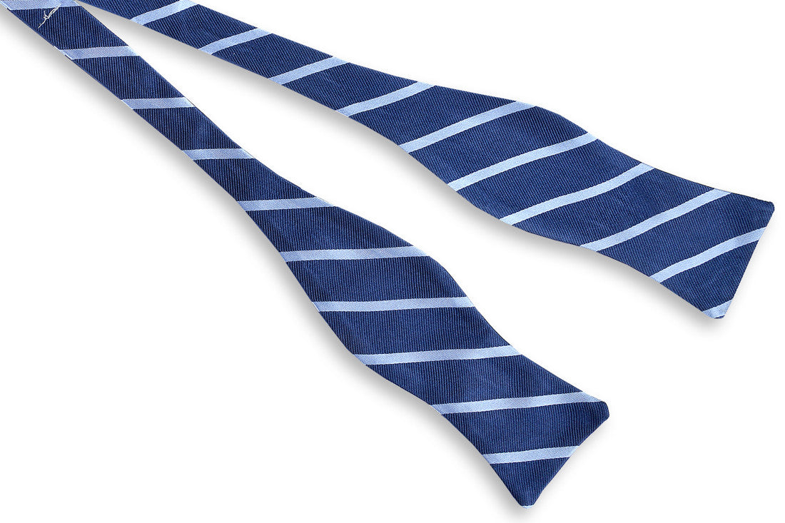 blue mens bow tie with a light blue striped pattern. Made from 100% silk.